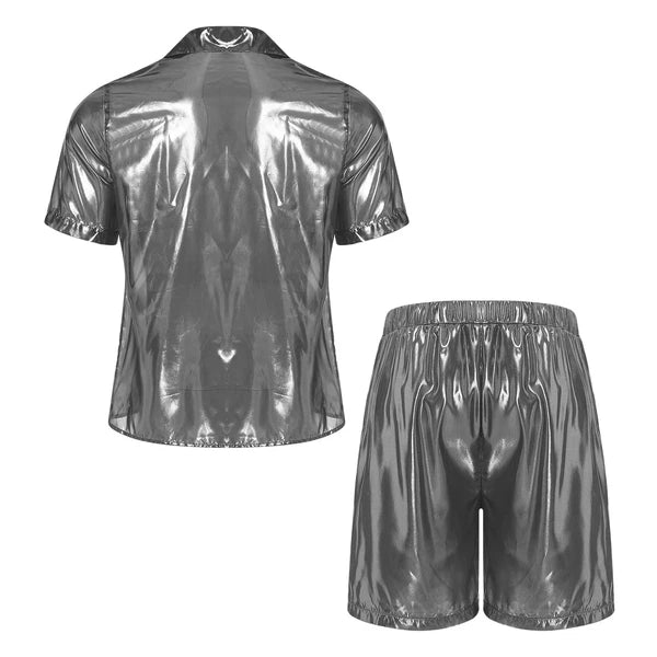 Men Shiny Glossy See-Through Metallic Chiffon Jumpsuit Bodysuit /Pajama Set