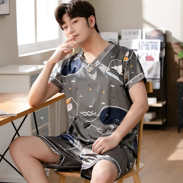 Short Sleeve Sleepwear Pjs Loungewear Pyjamas Charm Men's Silk Satin Pajamas Set