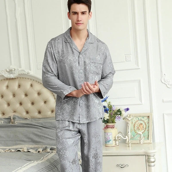 Men's 19MM 100% Pure Mulberry Silk Pajamas Set Long Sleeves Silk Sleepwear S~XXL