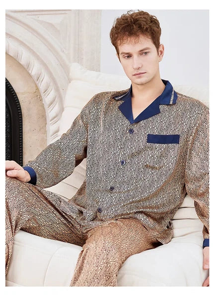 Men's 19MM 100% Pure Mulberry Silk Pajamas Set Print Silk Sleepwear M L XL