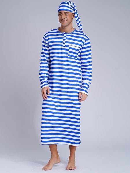 Men's Pajamas Set Long Sleeve Striped Robe Round Neck Loose Sleepwear with Hat