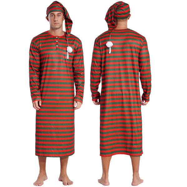 Men's Pajamas Set Long Sleeve Striped Robe Round Neck Loose Sleepwear with Hat