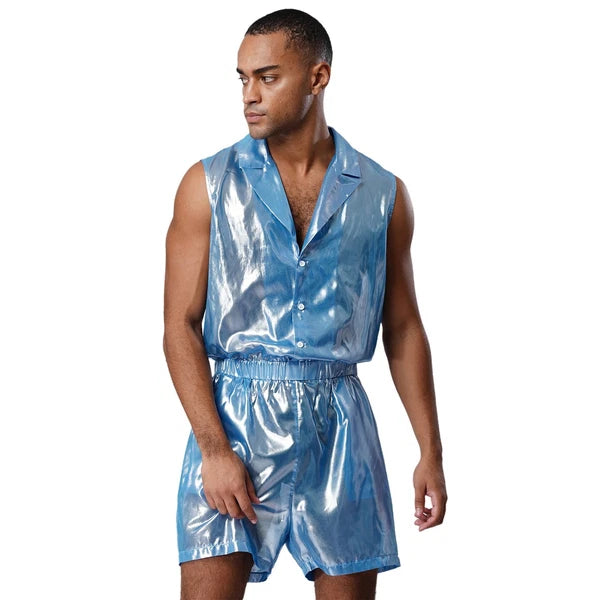 Men Shiny Glossy See-Through Metallic Chiffon Jumpsuit Bodysuit /Pajama Set