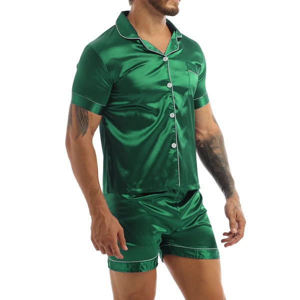 Men Silk Satin Pajamas Set Shirt Top Shorts Pants Long Robe Sleepwear Nightwear