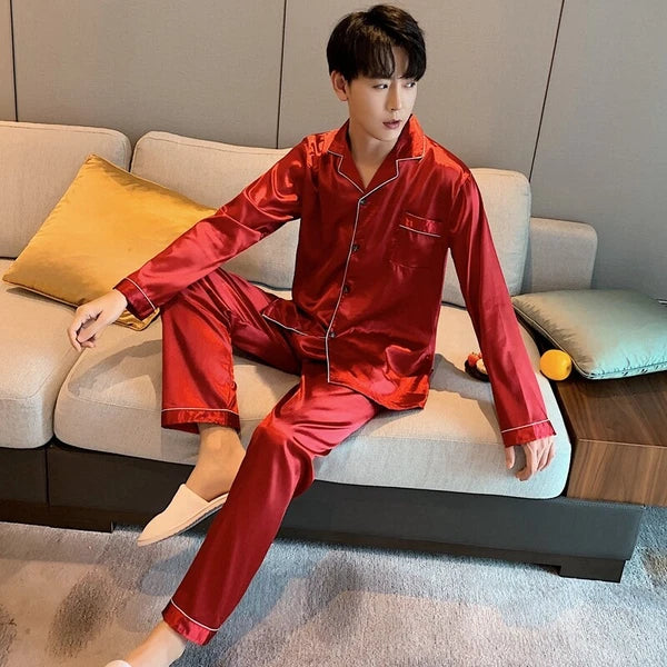 Mens Silk Satin Pajamas Pj Set Top and Bottom Sleepwear Nightwear Casual pijamas