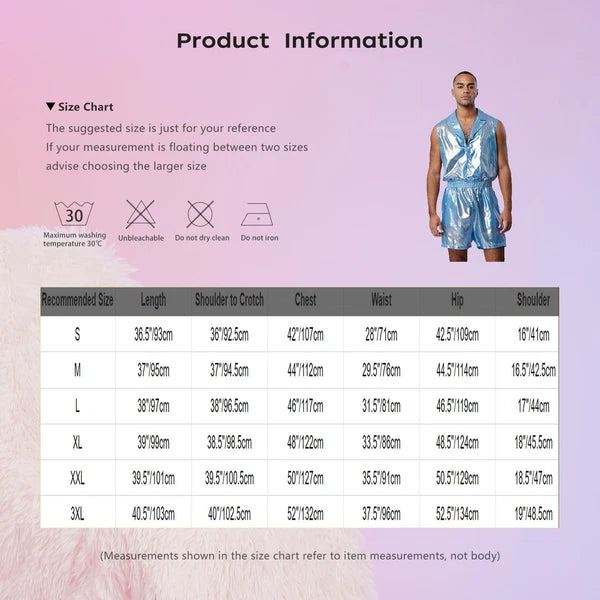 Men Shiny Glossy See-Through Metallic Chiffon Jumpsuit Bodysuit /Pajama Set
