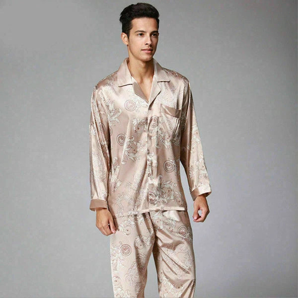 Men Satin Faux Silk Pyjama Set Sleeping Nightwear Asian Dragon Night Gown Outfit