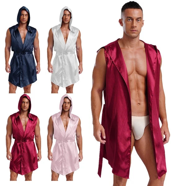 Men's Satiny Pajama Robe Set Sleeveless Silk Hooded Bathrobe with Belt Sleepwear