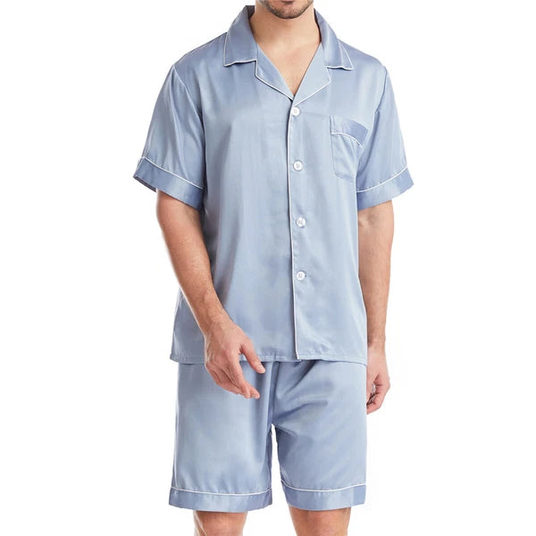 Men Satin Pajamas Set Shorts + Shirt Sleepwear Lounge Nightwear Buttons Outfit