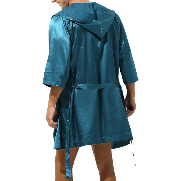 Men's Hooded Robe Set Silk Satin Night Gown Bathrobe Pajama Hot Pants Underwear