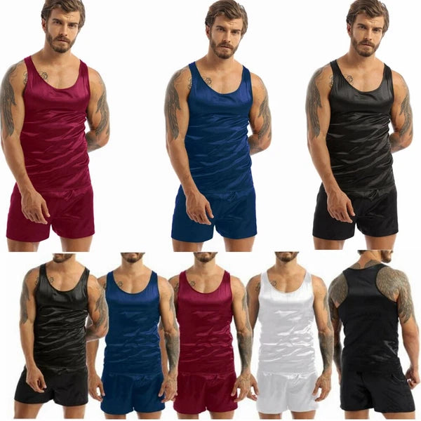 Men's Silk Satin Pajamas Set Vest Top and Boxer Shorts Sleepwear Home Loungewear