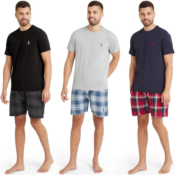 Snuggaroo Mens Short Sleeve Crew Neck T-Shirt Check Shorts PJs Pyjama Set