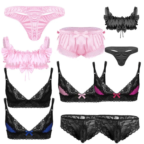 Men Ruffled Lingerie Set Cami Straps Bandeau Bra Thong 2Pcs Crossdresser Pajamas