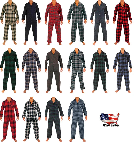 Norty Mens Cotton Poly Blend Yarn Flannel Pajama Lounge Sleep Sets