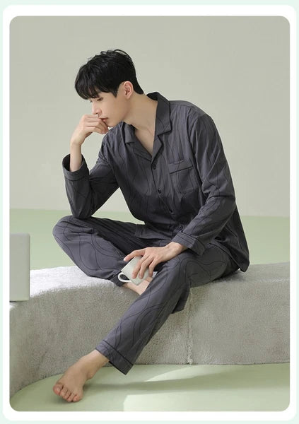 Mens Pyjamas Set Antibacterial Cotton Long Sleeve Homewear Comfortable Sleepwear