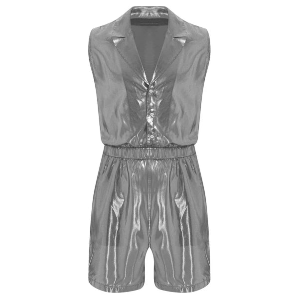 Men Shiny Glossy See-Through Metallic Chiffon Jumpsuit Bodysuit /Pajama Set