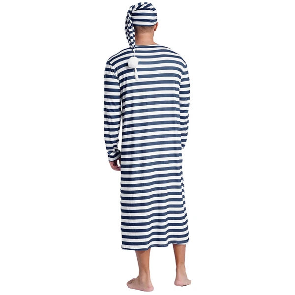 Men's Pajamas Set Long Sleeve Striped Robe Round Neck Loose Sleepwear with Hat
