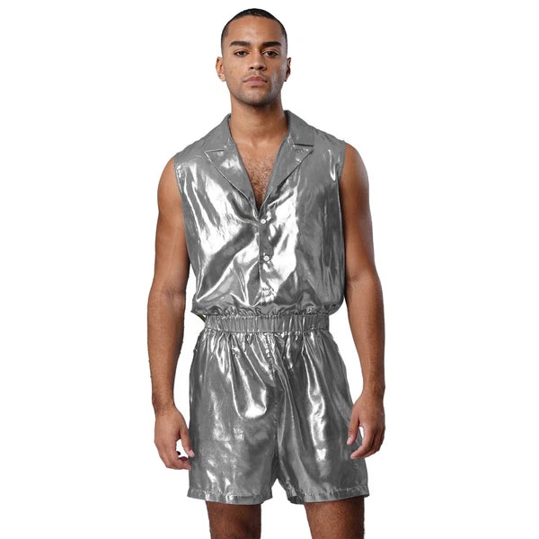 Men Shiny Glossy See-Through Metallic Chiffon Jumpsuit Bodysuit /Pajama Set