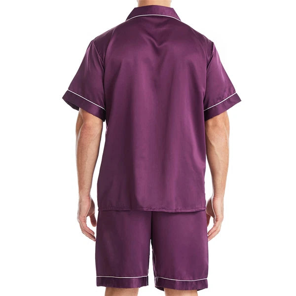 Men Satin Pajamas Set Shorts + Shirt Sleepwear Lounge Nightwear Buttons Outfit