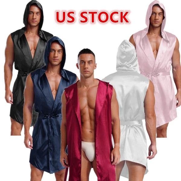 Men's Satiny Pajama Robe Set Sleeveless Silk Hooded Bathrobe with Belt Sleepwear