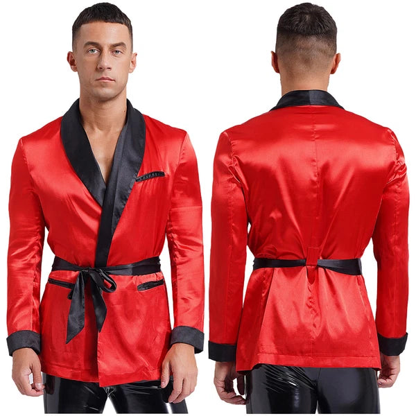 Men's Silk Satin Pajamas Set Short Sleeves Top and Bottom Boxer Shorts Shirt Set