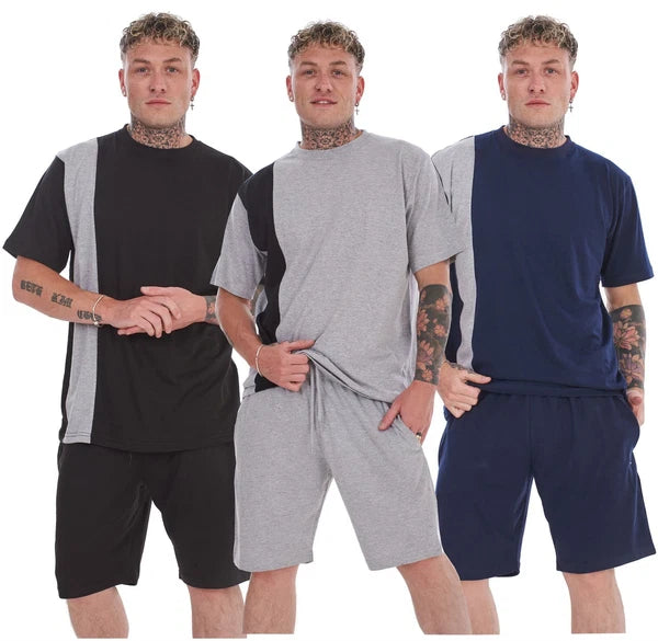 Mens Contrast Panel T-Shirt & Shorts Set Summer Tracksuit 2 Piece loungewear