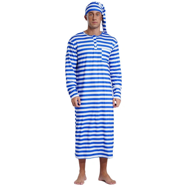 Men's Pajamas Set Long Sleeve Striped Robe Round Neck Loose Sleepwear with Hat