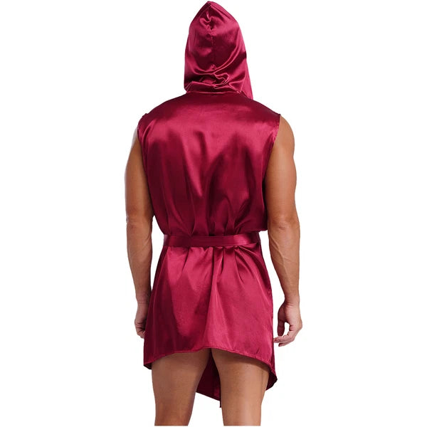 Men's Satiny Pajama Robe Set Sleeveless Silk Hooded Bathrobe with Belt Sleepwear