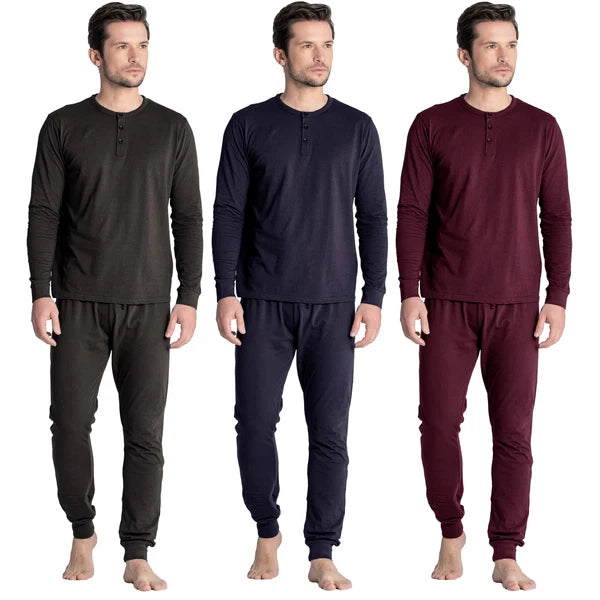Mens Henley Tops Pyjamas Sets PJ's Nightwear Loungewear Button Up Long Sleeve