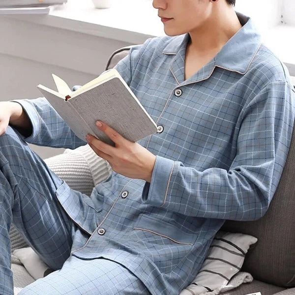 Men's Pajama Sets Simple Sleepwear Long Sleeve Cotton Top Pant Leisure Outwear