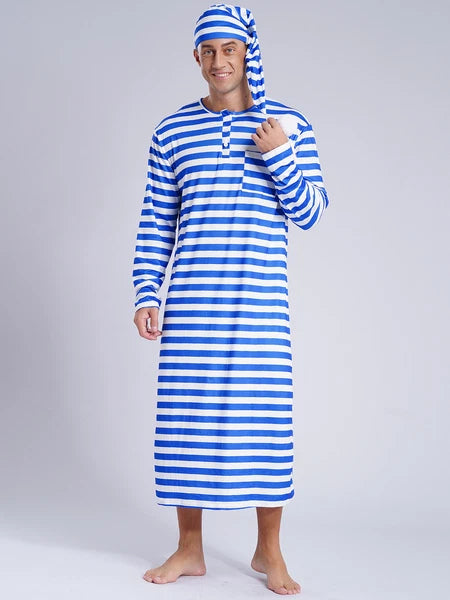 Men's Pajamas Set Long Sleeve Striped Robe Round Neck Loose Sleepwear with Hat