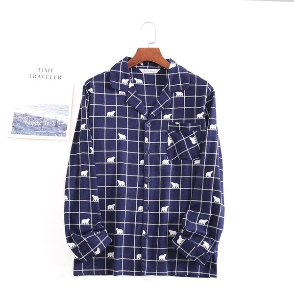 Men's Pajamas Set 100% Cotton Sleepwear Long Sleeve Button Top Pants Nightwear