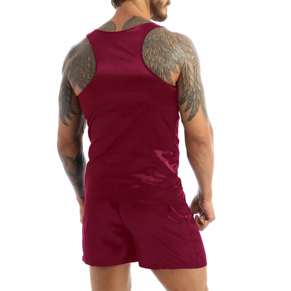 Men's Silk Satin Pajamas Set Vest Top and Boxer Shorts Sleepwear Home Loungewear
