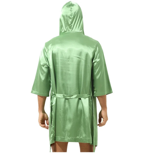 Men's Hooded Robe Set Silk Satin Night Gown Bathrobe Pajama Hot Pants Underwear