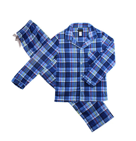 Men's Plaid Fleece 2 Piece Sleep Button Up Drawstring Waist Classic Pajama Set