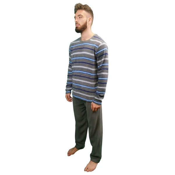 Mens Fleece Warm Soft Pyjamas Striped PJ Set Nightwear Nightsuit Pyjama S-4XL