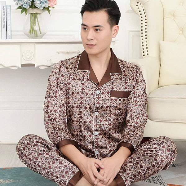 Luxury Mens Silk Satin Pajamas Set Soft Pyjamas Long Sleeve Sleepwear Loungewear