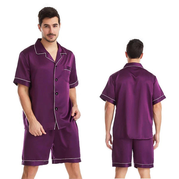 Mens Silk Satin Pajamas Pj Set Top and Shorts Sleepwear Nightwear Casual pijamas