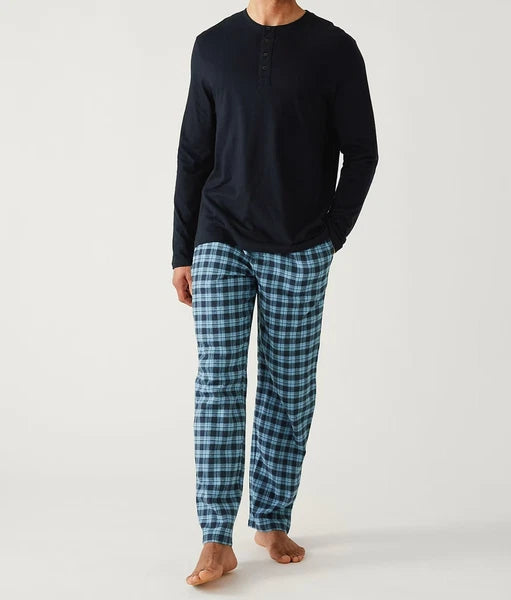 M & S Mens Pure Cotton Brushed For Warmth Pyjamas Loungewear Top & Long Pants