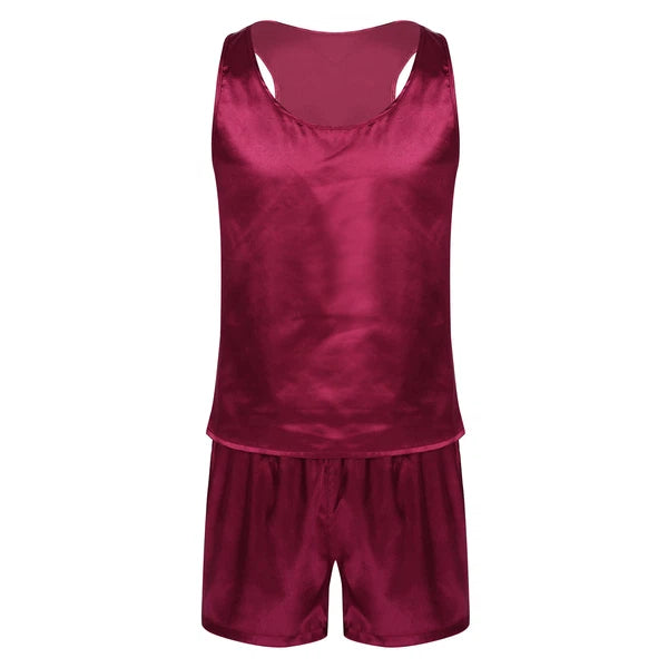 Men's Silk Satin Pajamas Set Vest Top and Boxer Shorts Sleepwear Home Loungewear