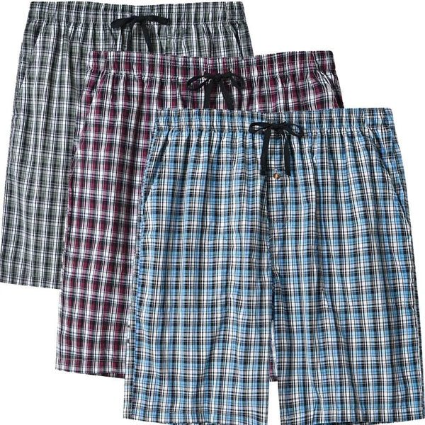 Men's Sleepwear Lounge Shorts 100% Cotton Plaid Pajama Bottoms Button Fly 3 Pack