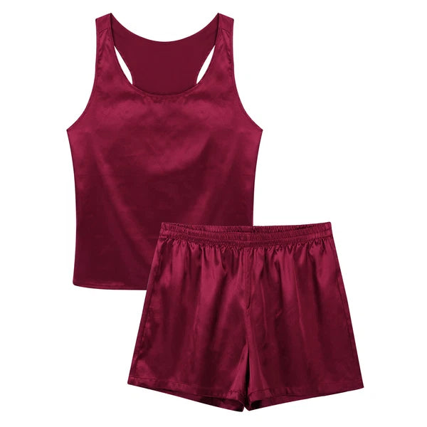 Men's Silk Satin Pajamas Set Vest Top and Boxer Shorts Sleepwear Home Loungewear