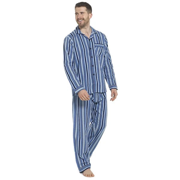 Mens 100% Brushed Cotton Flannel Check Stripe Pyjamas Pyjama Set Traditional PJs