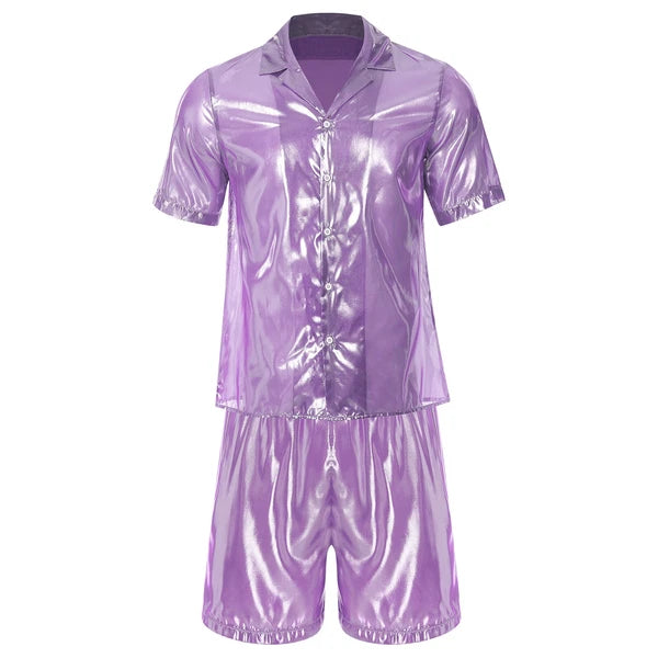 Men Shiny Glossy See-Through Metallic Chiffon Jumpsuit Bodysuit /Pajama Set