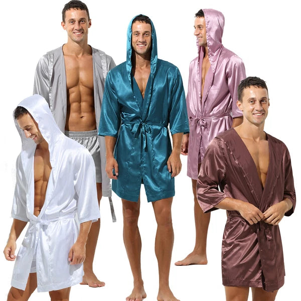 Mens Pajamas Set Night Sleep Robes Silk Satin Nightgown Bathrobe Shorts Homewear