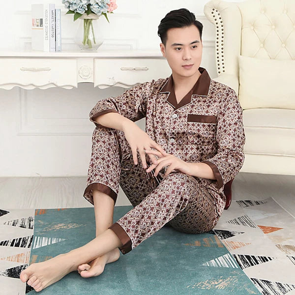 Long Sleeve Sleepwear Loungewear Luxury Mens Silk Satin Pajamas Set Soft Pyjamas