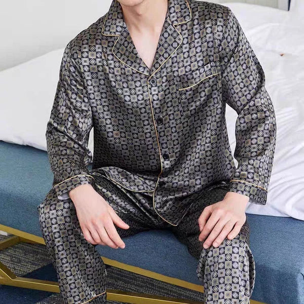 NEW Men's 19MM 100% Silk Pajamas Set Print Silk Sleepwear S M L XL