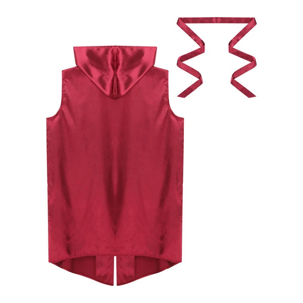 Men's Satiny Pajama Robe Set Sleeveless Silk Hooded Bathrobe with Belt Sleepwear