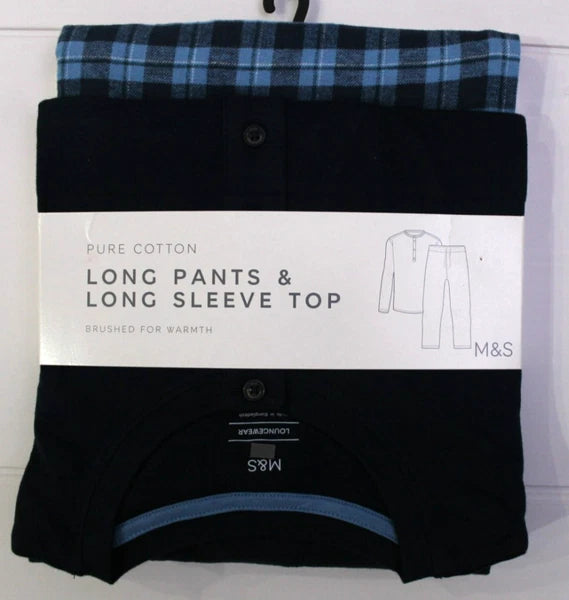 M & S Mens Pure Cotton Brushed For Warmth Pyjamas Loungewear Top & Long Pants