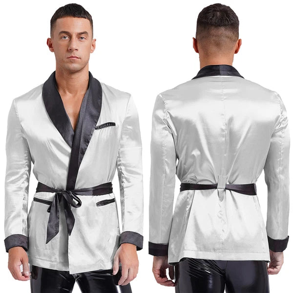 Men's Silk Satin Pajamas Set Short Sleeves Top and Bottom Boxer Shorts Shirt Set